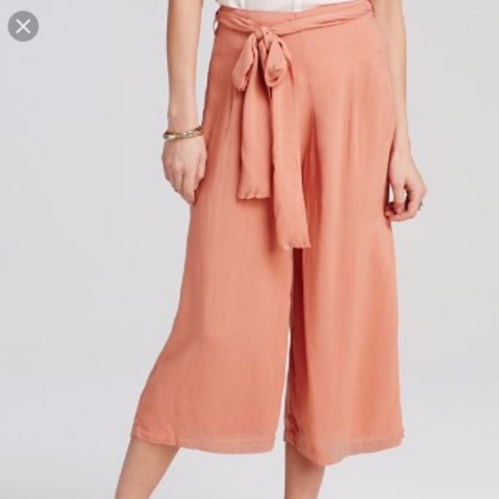 Free People Pink Coral Tie Belted Wide Leg Culotte Gaucho Flowy Pants - Medium